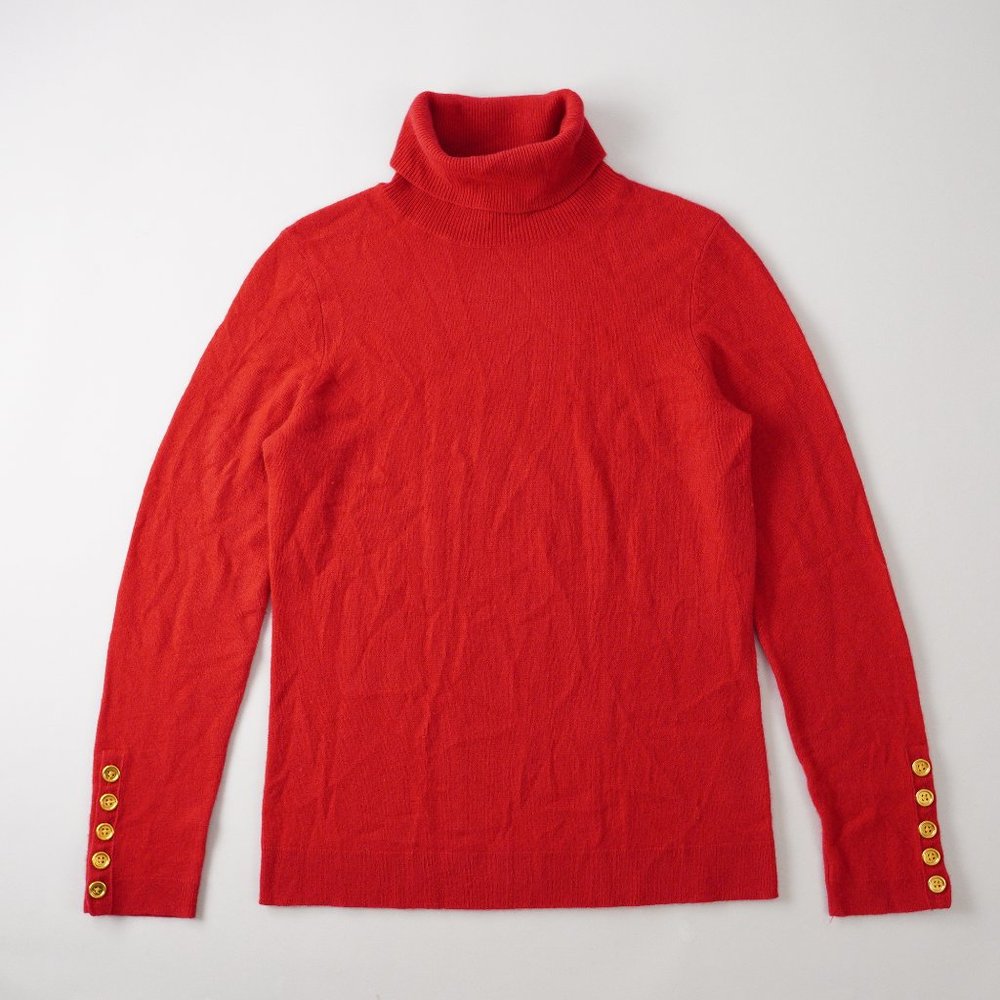 Bloomingdales Cashmere Turtleneck Sweater Pullover Button Cuffs Red Women Size L